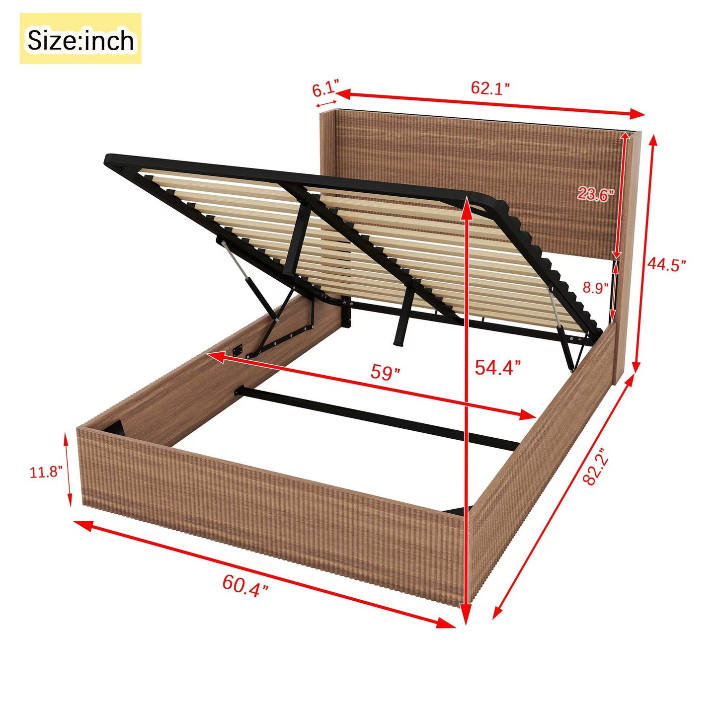 Large storage bed frame, wooden platform bed frame with lift storage, no spring box required/no noise, rustic brown slatted natural wood (Queen)