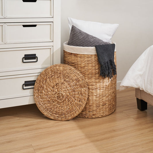 Ludmilla Round Tall Water Hyacinth Woven Wicker Laundry Hamper with Lid - 15" x 15" x 20" - Natural Brown - EcoStuff