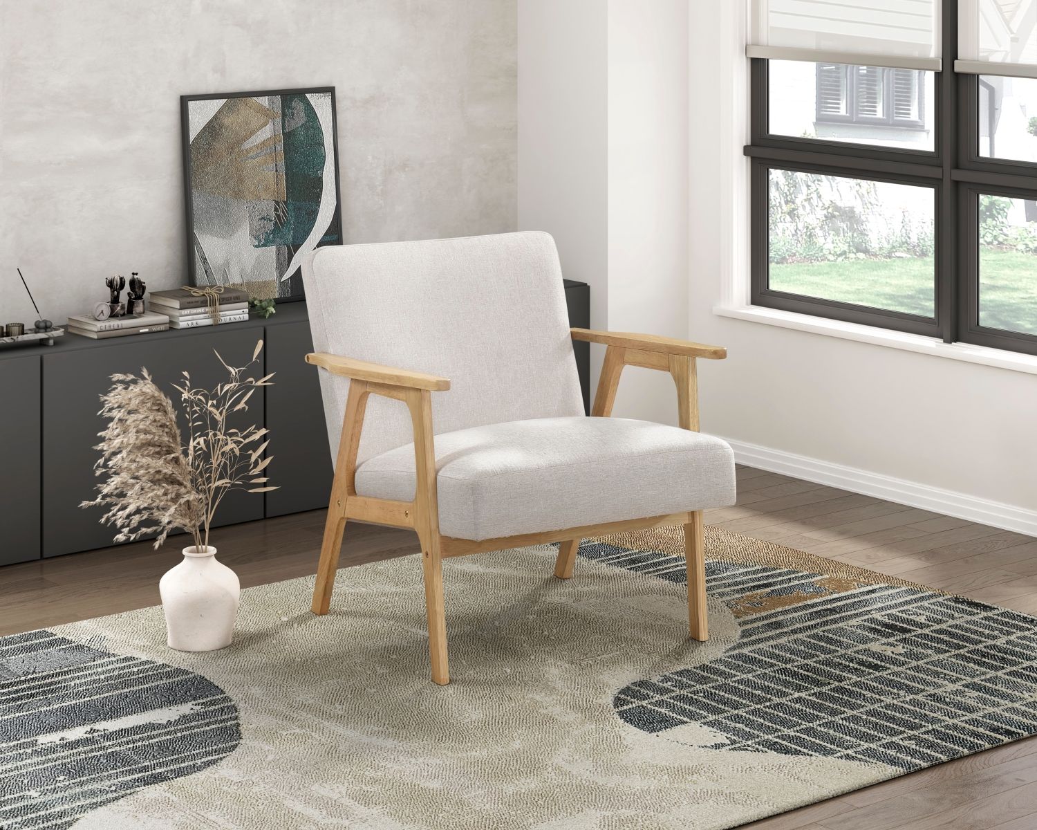 Modern Fabric Upholstery Accent Chair - Solid Rubberwood - Natural Finish Contemporary Cushion Seat - EcoStuff