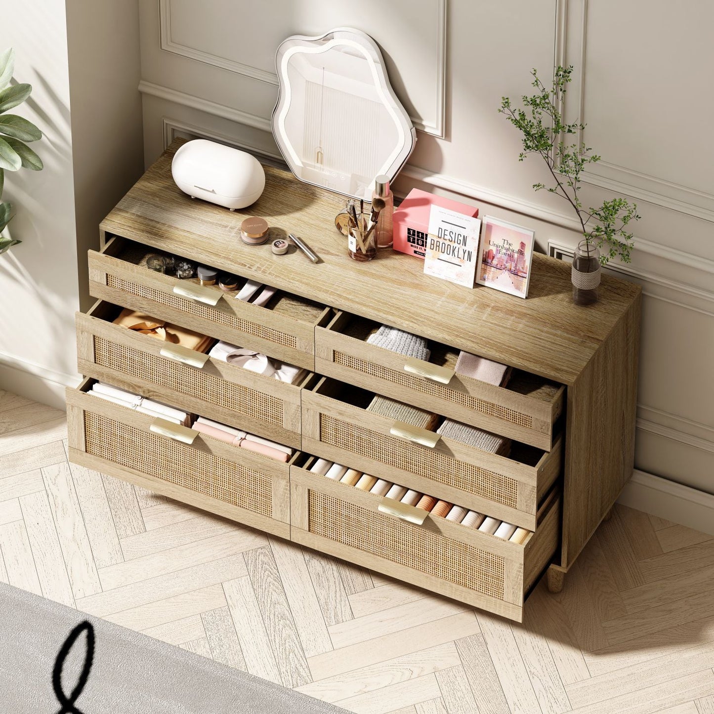 Rattan Dresser with Drawers, 6 Drawer Dresser for Bedroom, 51" - EcoStuff