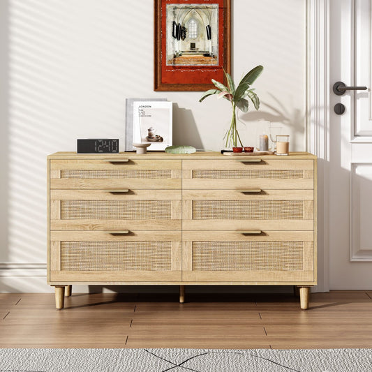 Rattan Dresser with Drawers, 6 Drawer Dresser for Bedroom, 51" - EcoStuff