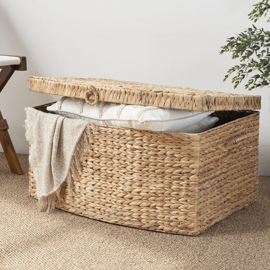Rectangular Curve Water Hyacinth Woven Wicker Trunk with Handles - 26" x 19" x 14" - Natural Brown - EcoStuff