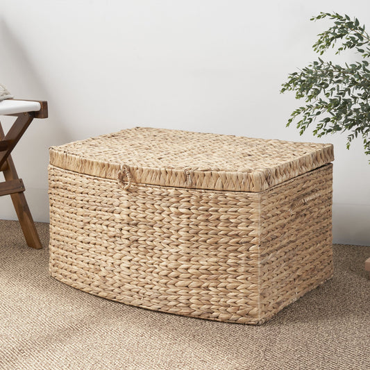 Rectangular Curve Water Hyacinth Woven Wicker Trunk with Handles - 26" x 19" x 14" - Natural Brown - EcoStuff