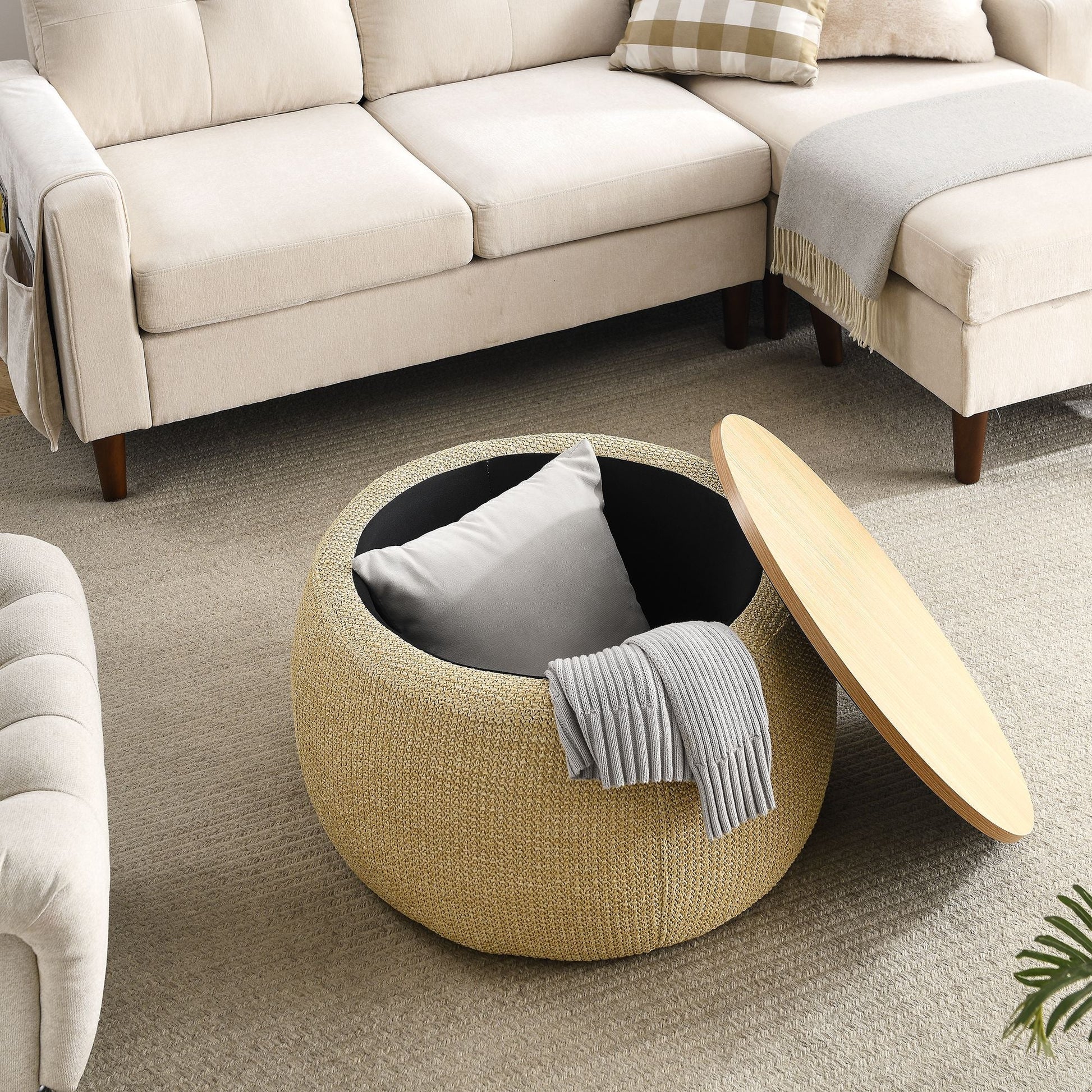 Round Storage Ottoman, 2 in 1 Function, Work as End table and Ottoman, Natural (25.5"x25.5"x14.5") - EcoStuff