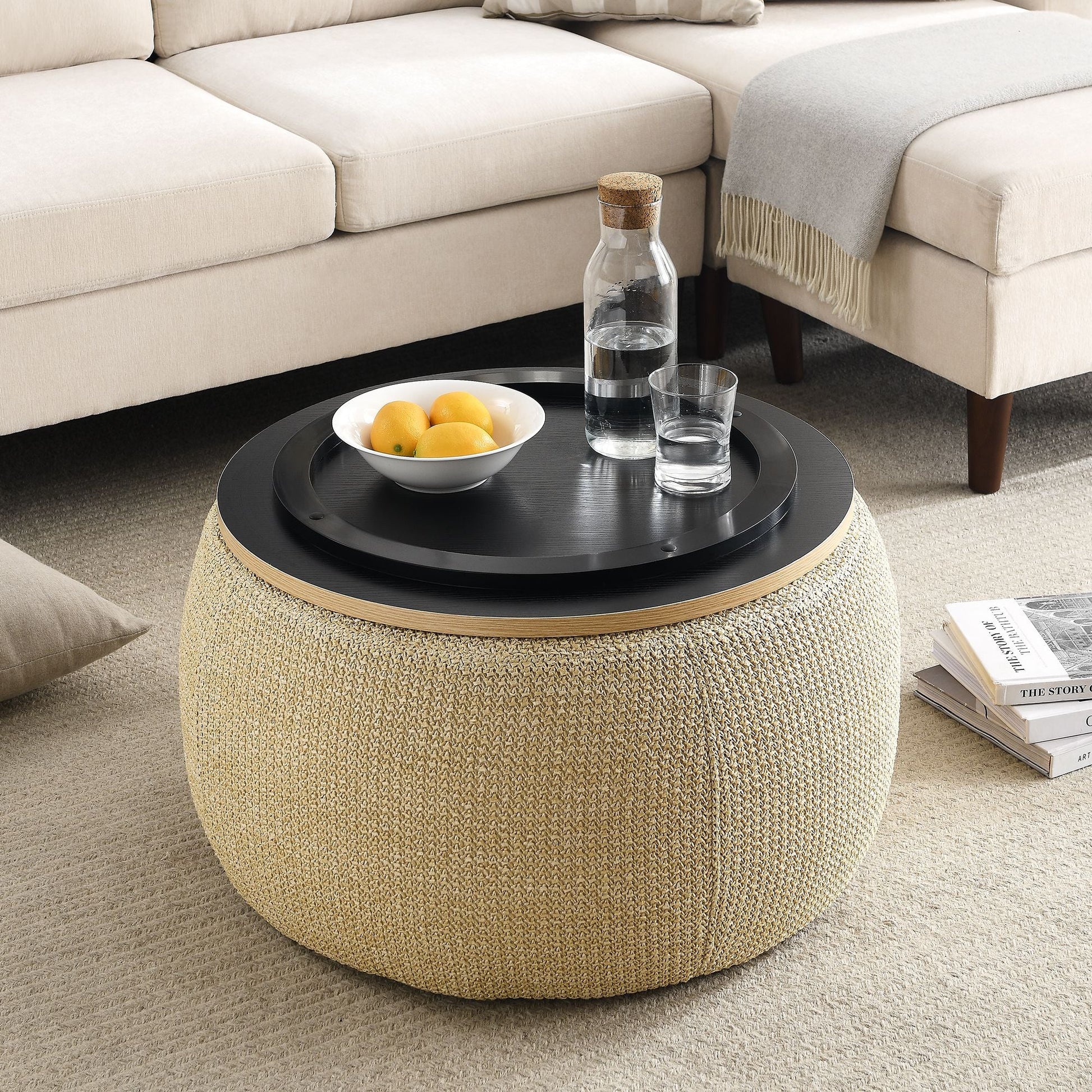 Round Storage Ottoman, 2 in 1 Function, Work as End table and Ottoman, Natural (25.5"x25.5"x14.5") - EcoStuff