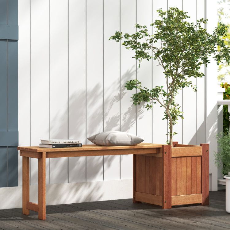 Teak Oil Finish Raised Garden Bed Wood Planter Box with Bench - EcoStuff