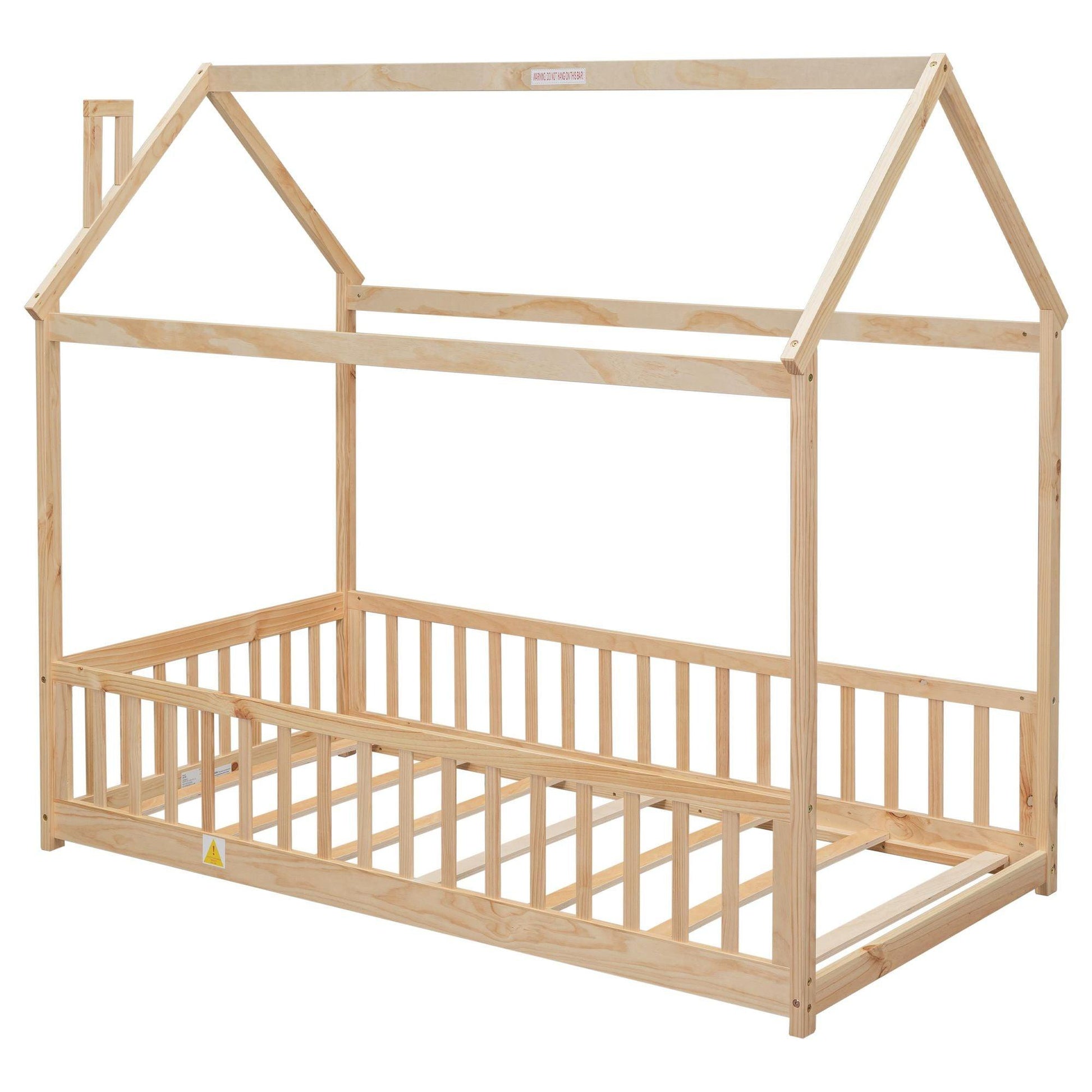 Twin House Bed with Guardrails, Slats ,Natural - EcoStuff