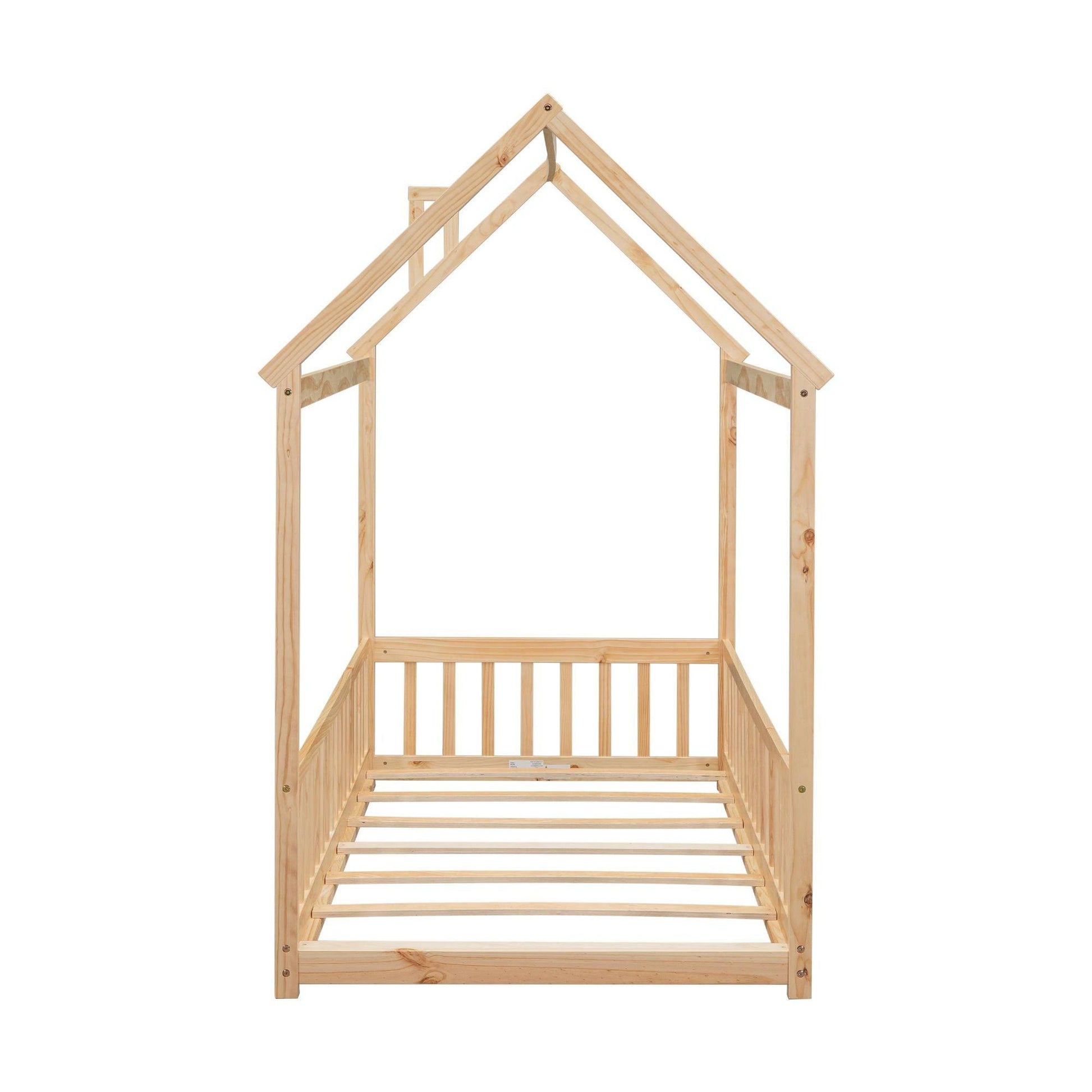 Twin House Bed with Guardrails, Slats ,Natural - EcoStuff