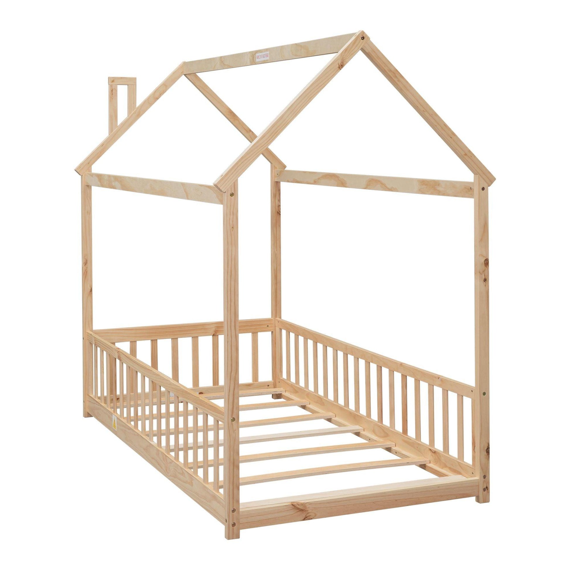 Twin House Bed with Guardrails, Slats ,Natural - EcoStuff