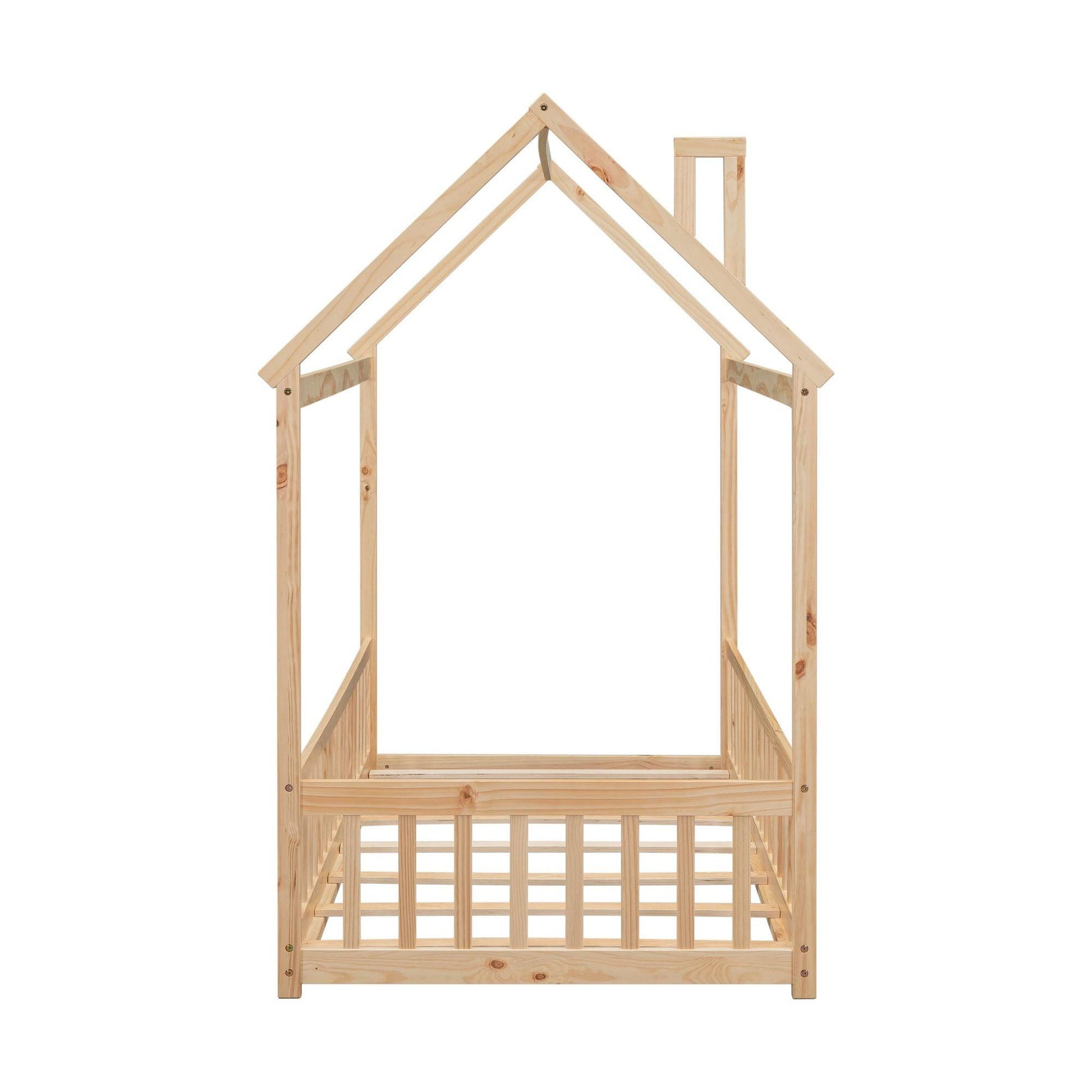 Twin House Bed with Guardrails, Slats ,Natural - EcoStuff