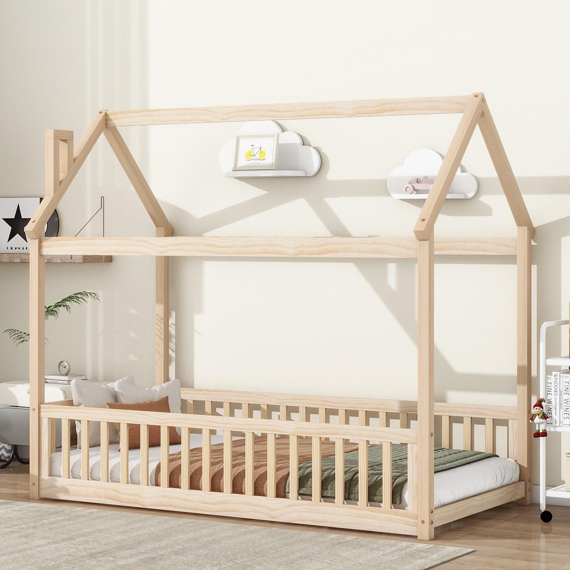 Twin House Bed with Guardrails, Slats ,Natural - EcoStuff
