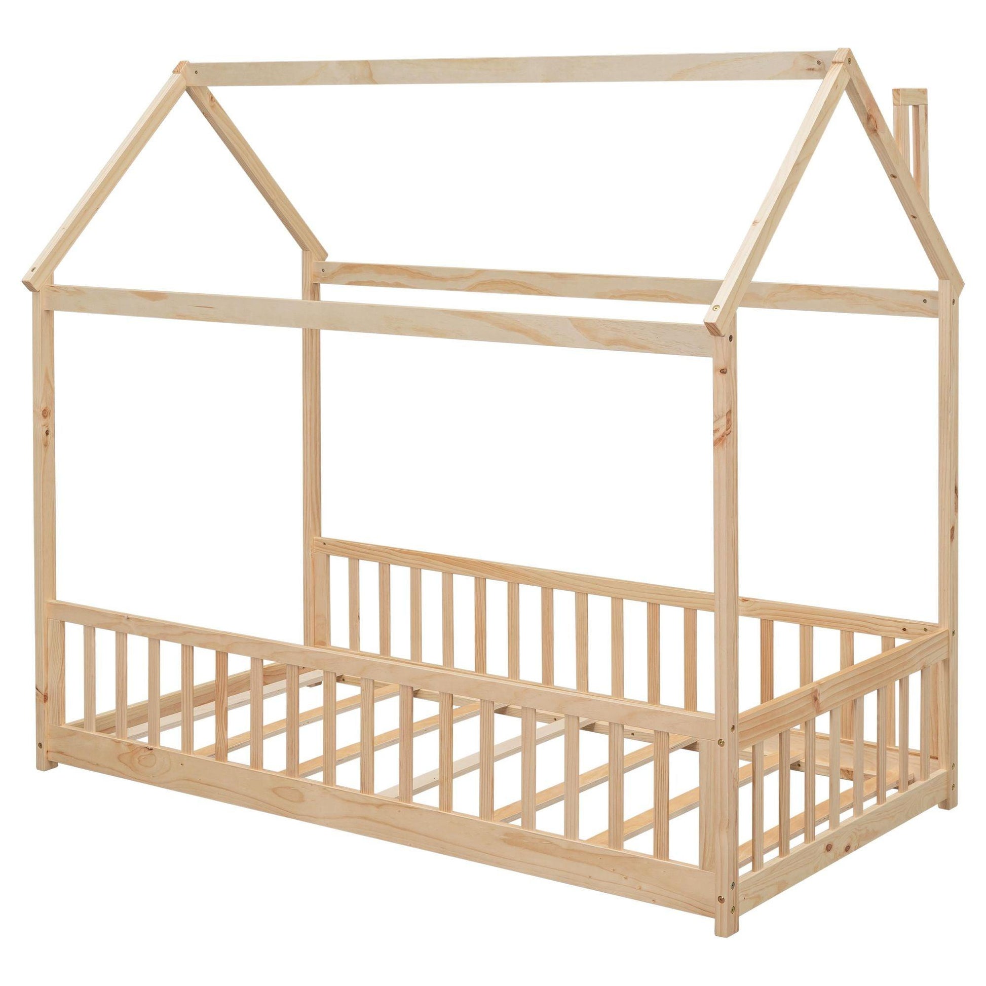 Twin House Bed with Guardrails, Slats ,Natural - EcoStuff