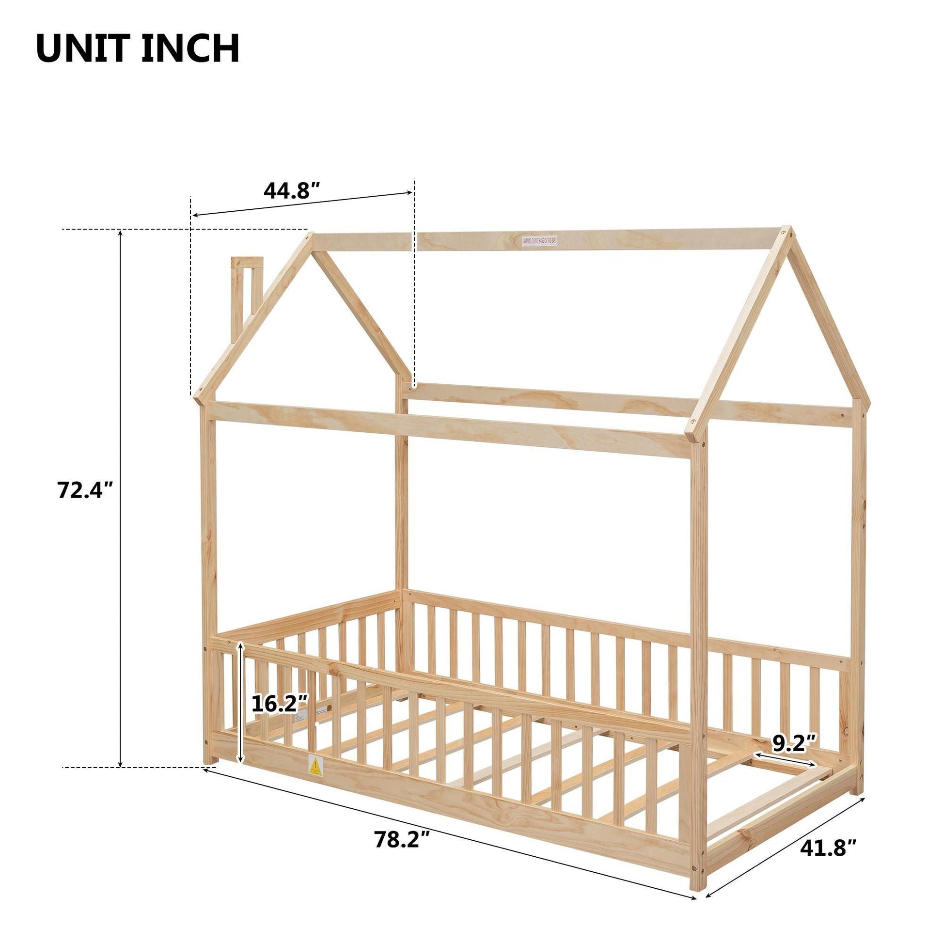Twin House Bed with Guardrails, Slats ,Natural - EcoStuff