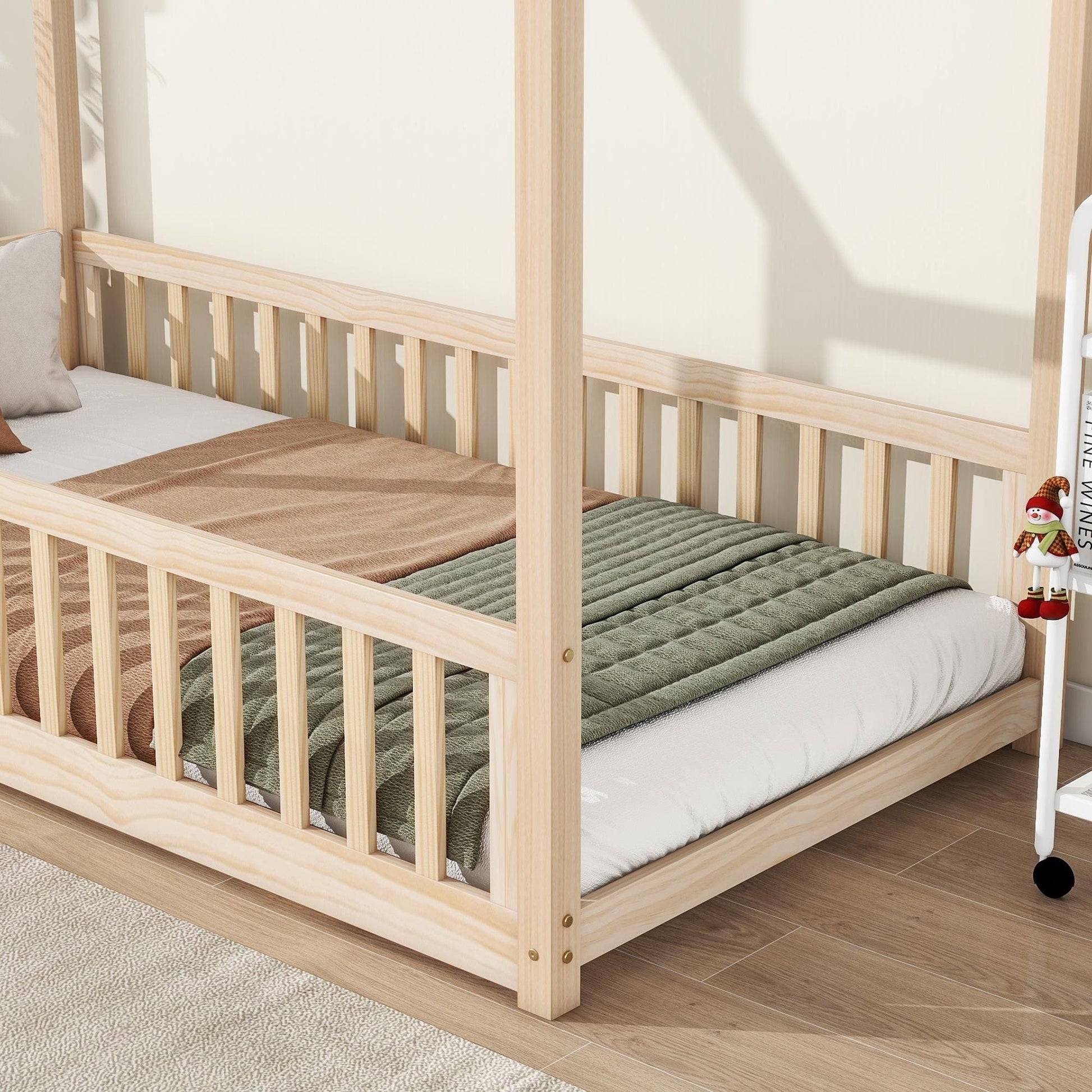 Twin House Bed with Guardrails, Slats ,Natural - EcoStuff