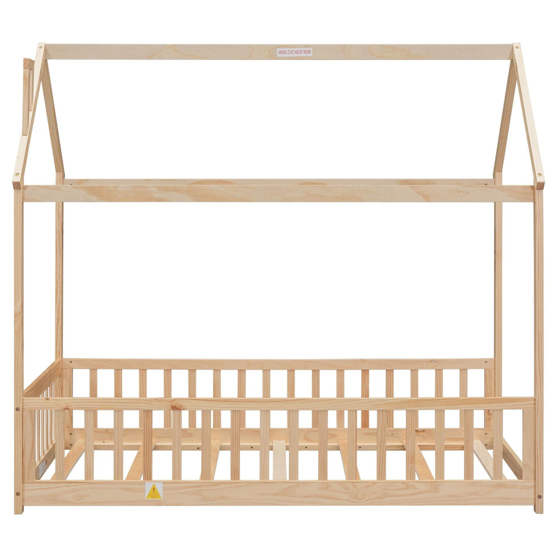 Twin House Bed with Guardrails, Slats ,Natural - EcoStuff