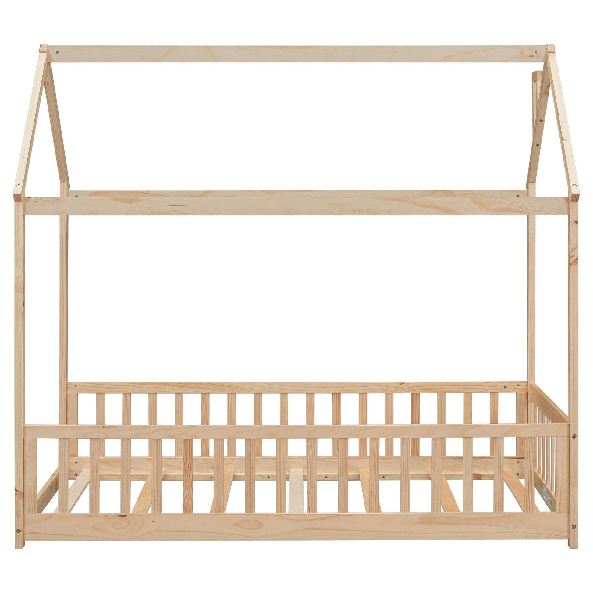 Twin House Bed with Guardrails, Slats ,Natural - EcoStuff