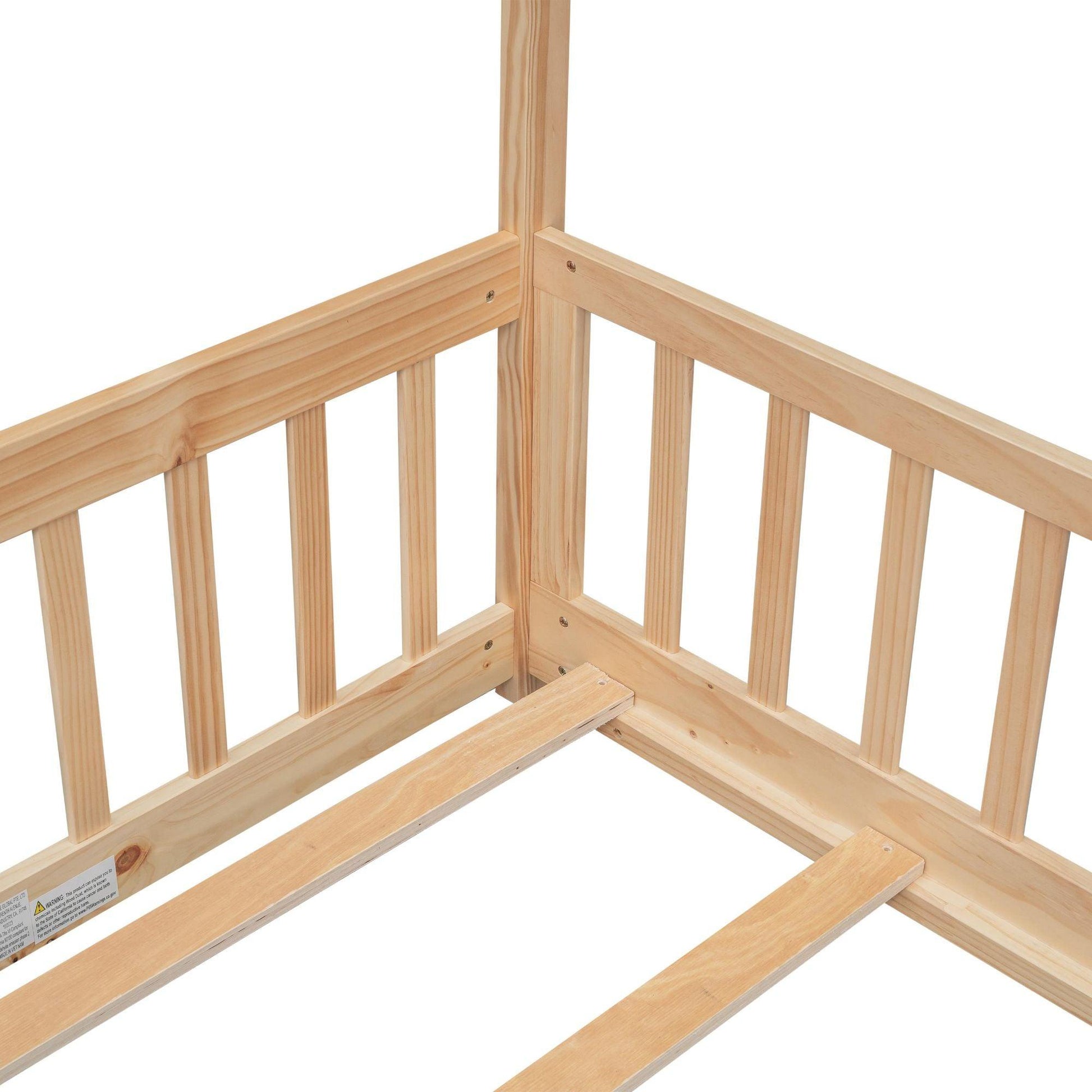 Twin House Bed with Guardrails, Slats ,Natural - EcoStuff
