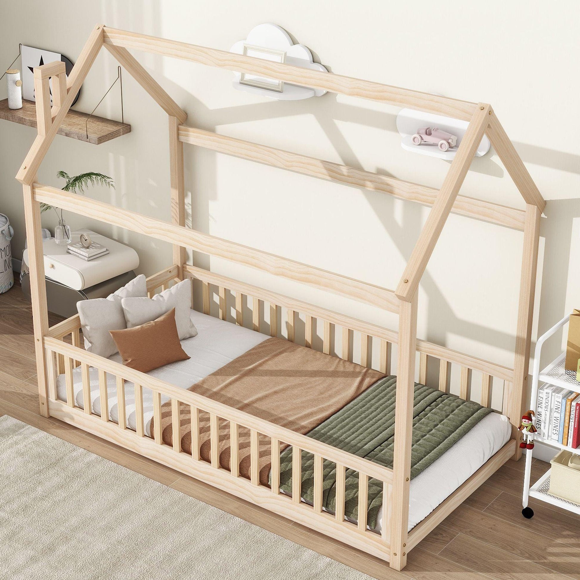 Twin House Bed with Guardrails, Slats ,Natural - EcoStuff