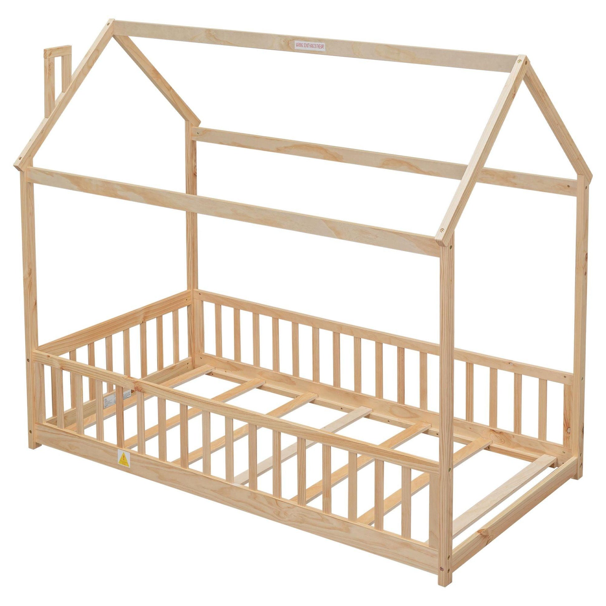 Twin House Bed with Guardrails, Slats ,Natural - EcoStuff