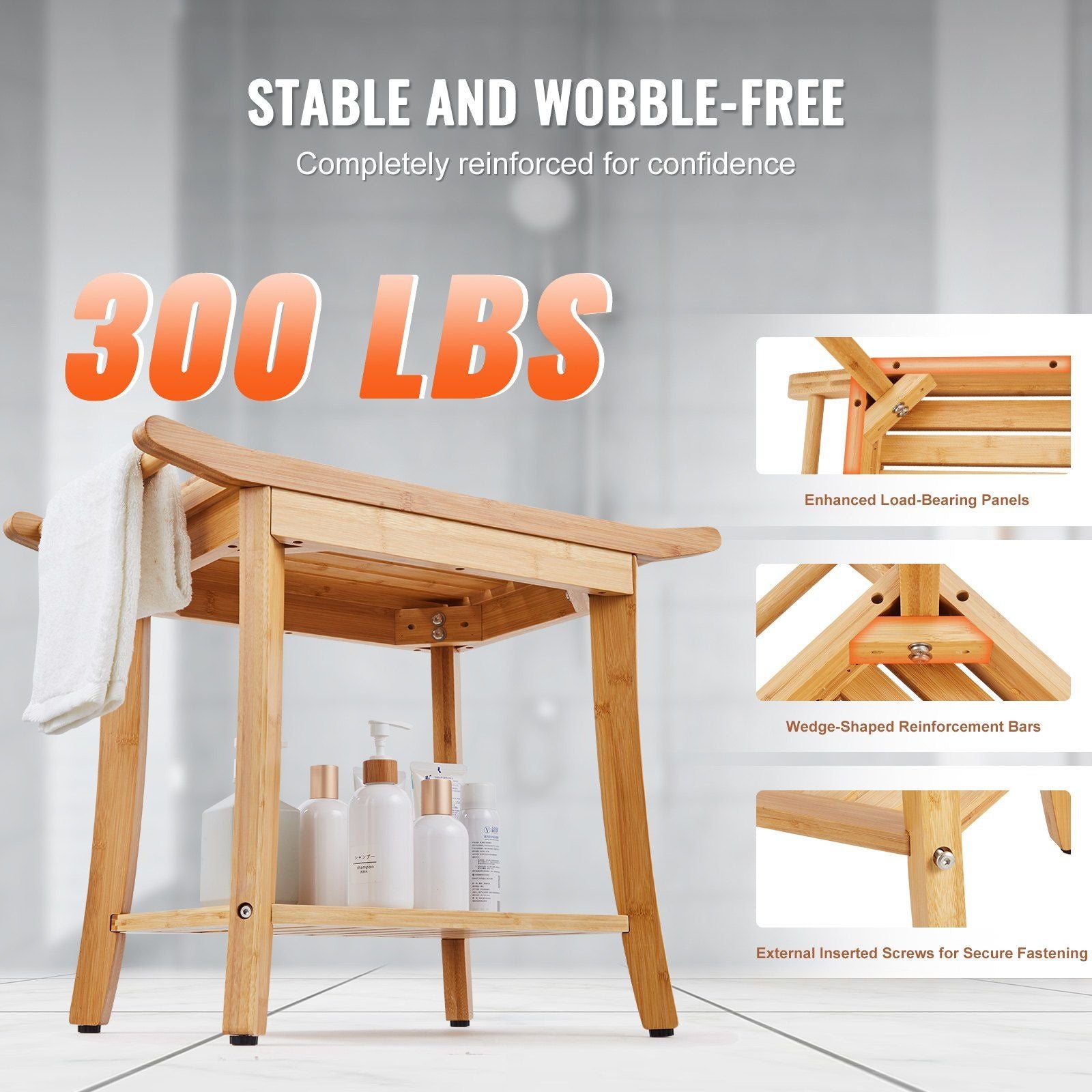 VEVOR Bamboo Shower Bench 24 x 13.8 x 18.9 in Shower Stool Chair for Bathroom - EcoStuff