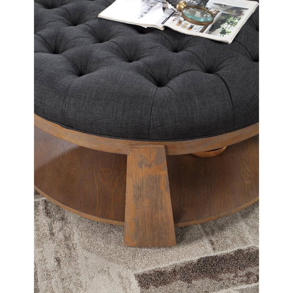 Wire-brushed Finish Natural Tone/Dark Gray 1pc Ottoman Button Linen Tufted - EcoStuff