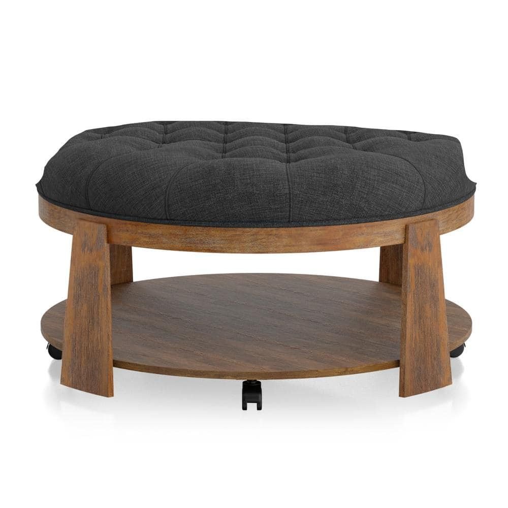 Wire-brushed Finish Natural Tone/Dark Gray 1pc Ottoman Button Linen Tufted - EcoStuff