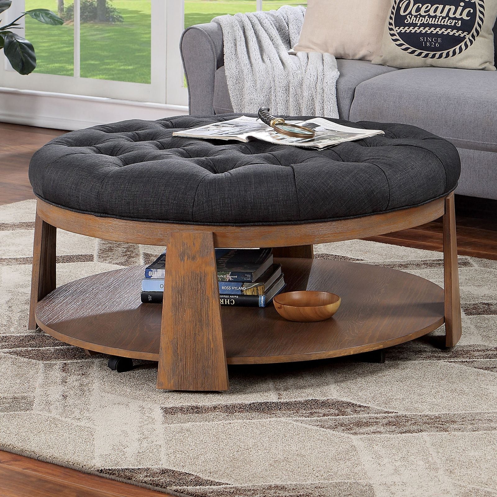 Wire-brushed Finish Natural Tone/Dark Gray 1pc Ottoman Button Linen Tufted - EcoStuff