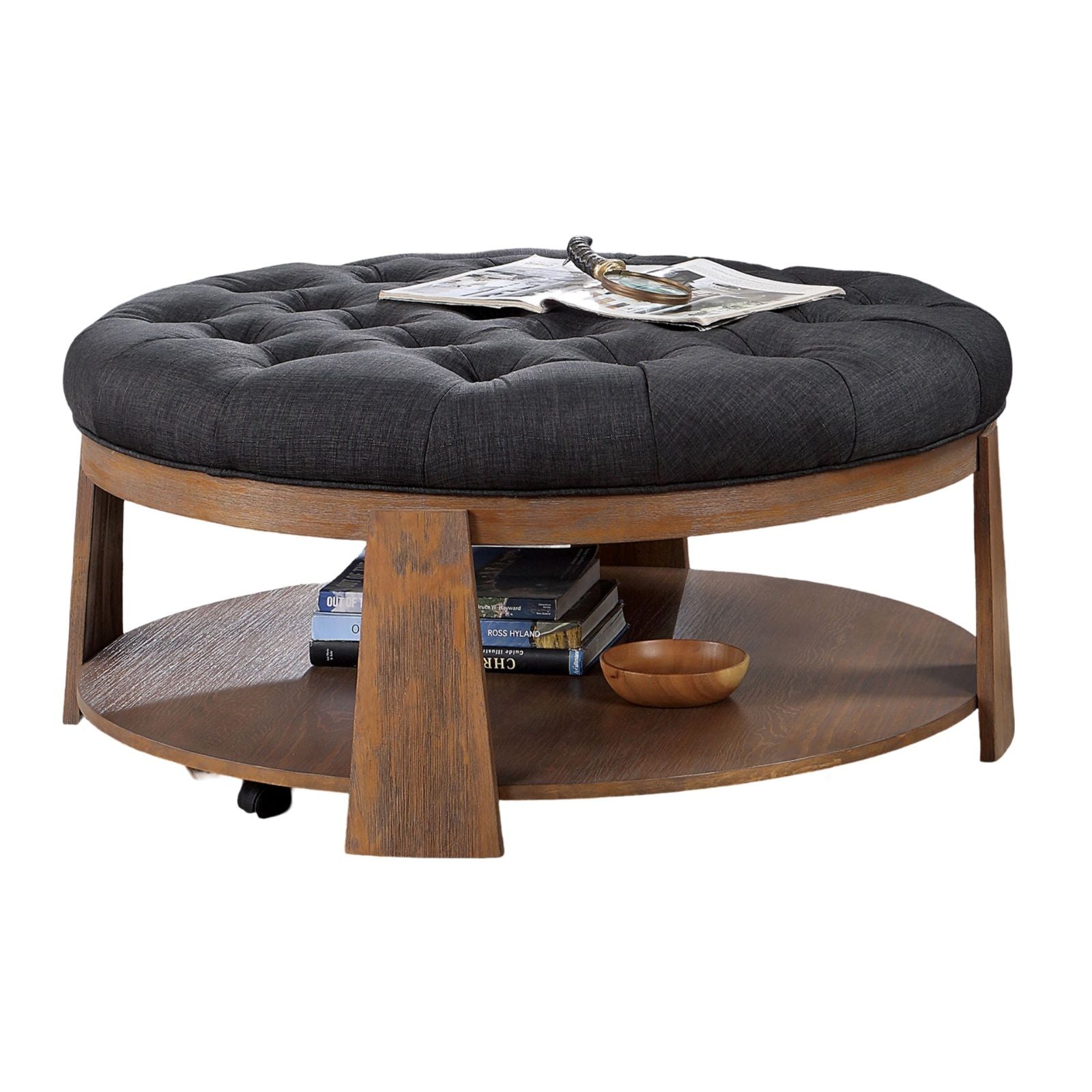 Wire-brushed Finish Natural Tone/Dark Gray 1pc Ottoman Button Linen Tufted - EcoStuff