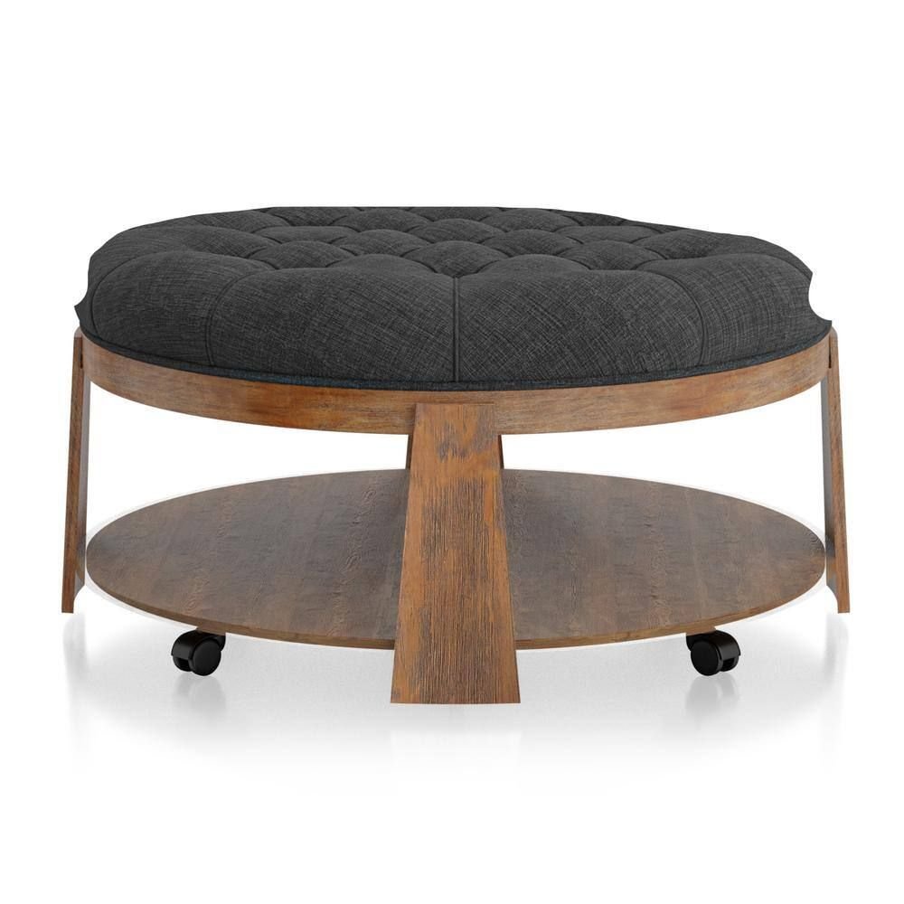 Wire-brushed Finish Natural Tone/Dark Gray 1pc Ottoman Button Linen Tufted - EcoStuff