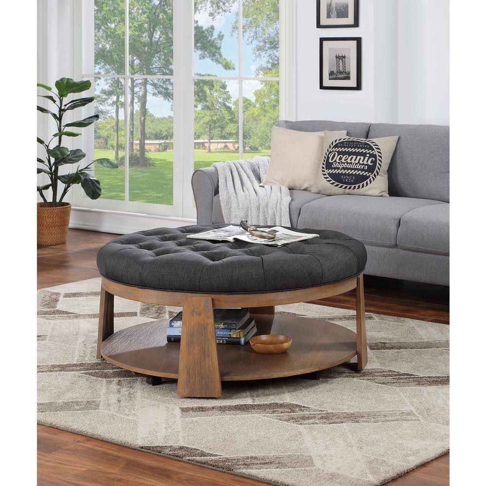 Wire-brushed Finish Natural Tone/Dark Gray 1pc Ottoman Button Linen Tufted - EcoStuff