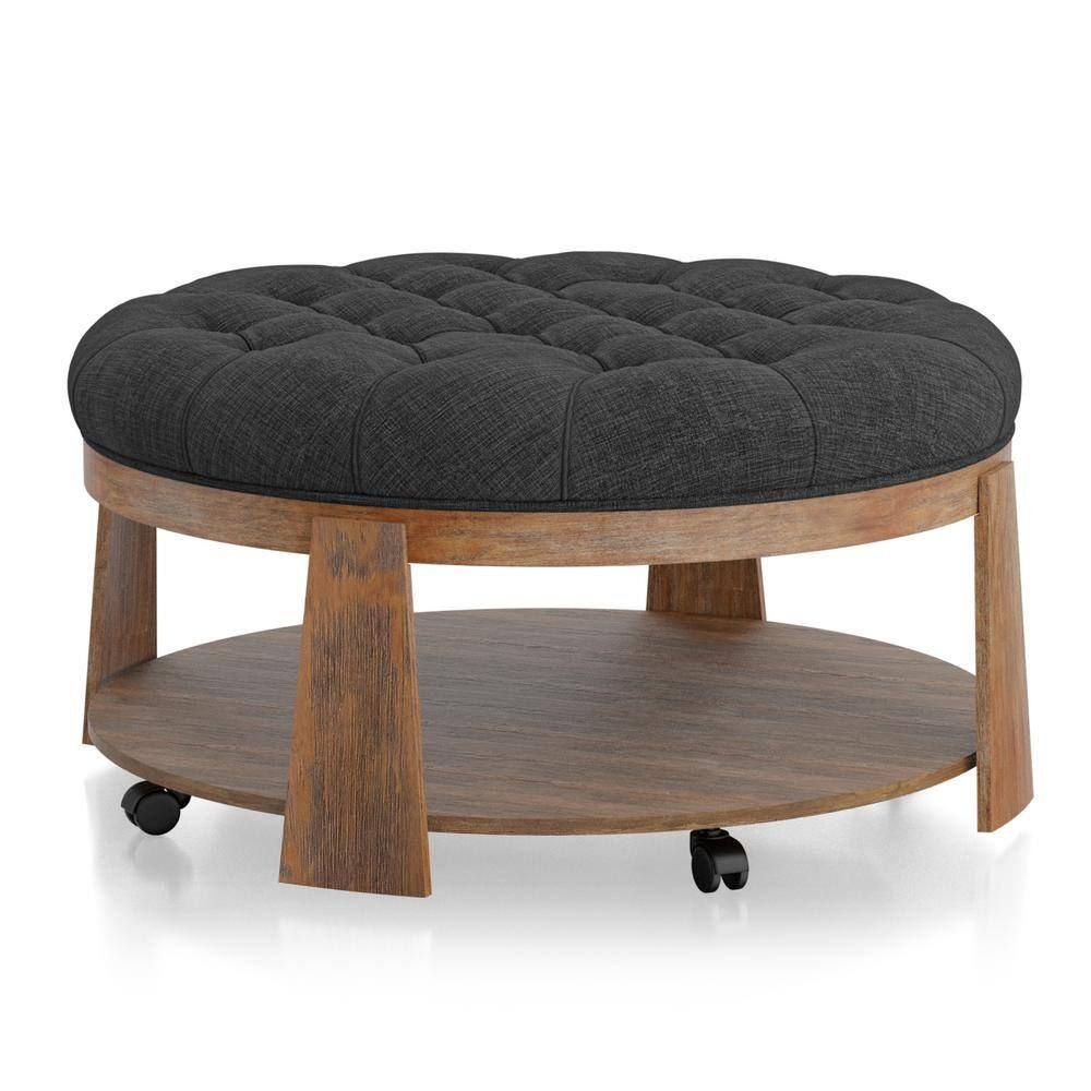 Wire-brushed Finish Natural Tone/Dark Gray 1pc Ottoman Button Linen Tufted - EcoStuff