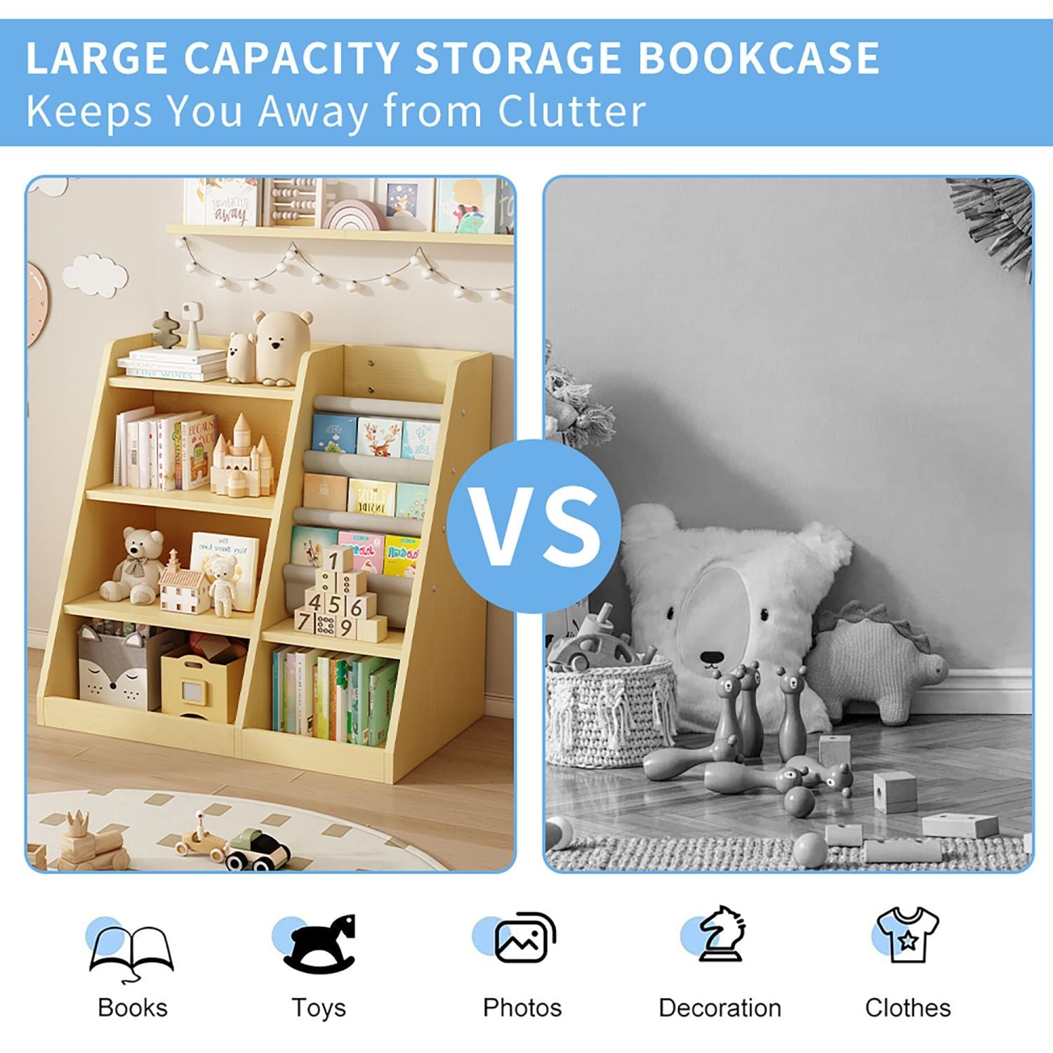 Wooden Toy Storage Organizer Natural/ Wood Kids Bookshelf - EcoStuff