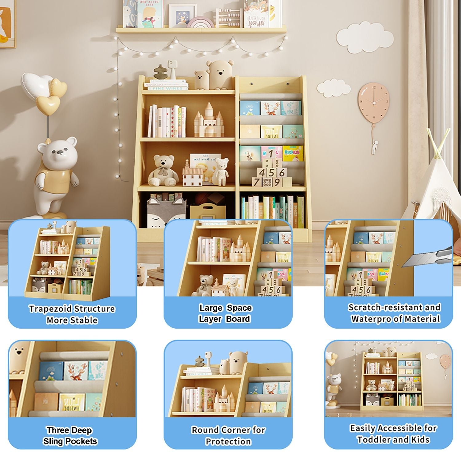 Wooden Toy Storage Organizer Natural/ Wood Kids Bookshelf - EcoStuff